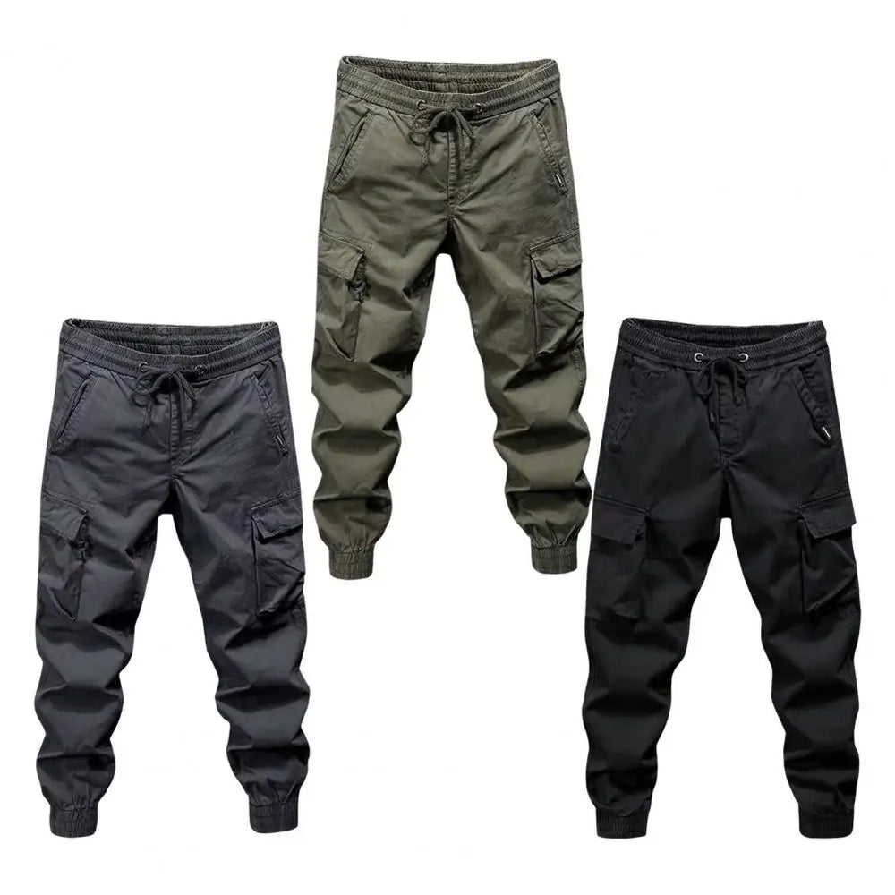 Men Cargo Pants Solid Color Drawstring Elastic Waist Long Trousers Loose Multi Pockets Ankle-banded Hip Hop Trousers