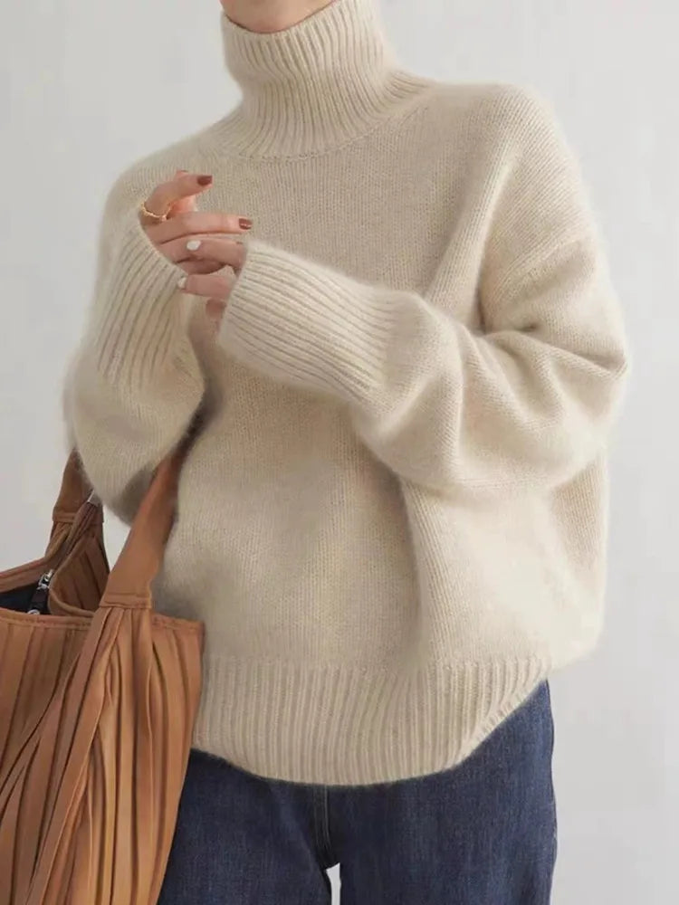 Turtleneck Cashmere Sweater Women 2023 Autumn/Winter New 100% Pure Wool Sweater Ladies Knitting Loose Large Size Pullover Female