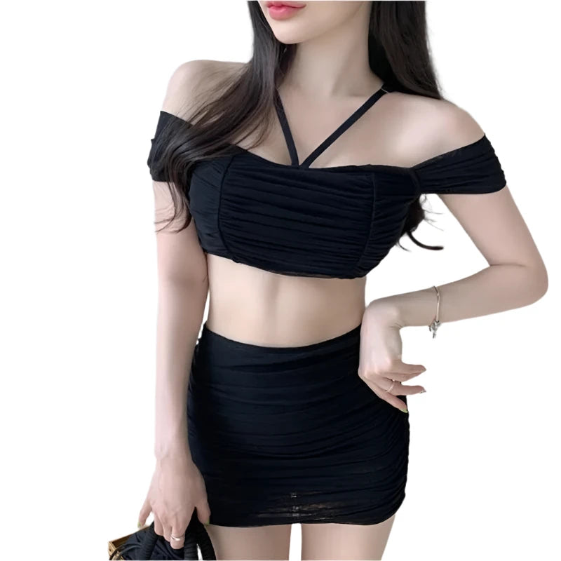 Korean Style Sexy Solid Swimsuit Two Pieces Women Bikini Set Push Up Swimsuit Beach Summer Pleated Swimwear Bikinis