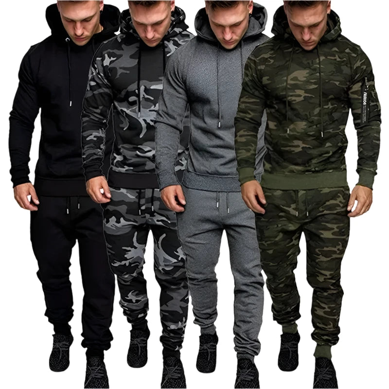 Autumn Men Fitness Tracksuit Sport Set Camo Printed Hoodies Coat + Pants Sportwear Suit Male Outdoor Running Jogging Sets