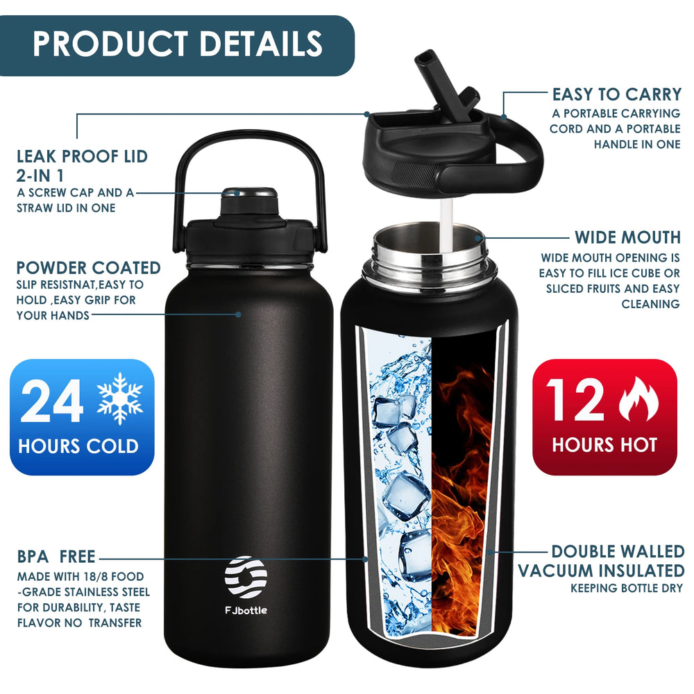 FEIJIAN Thermos Bottle with Straw Sport Stainless Steel Vacuum Flask Insulated Water Bottle with Handle Lid 950/1200ml - MOUNT