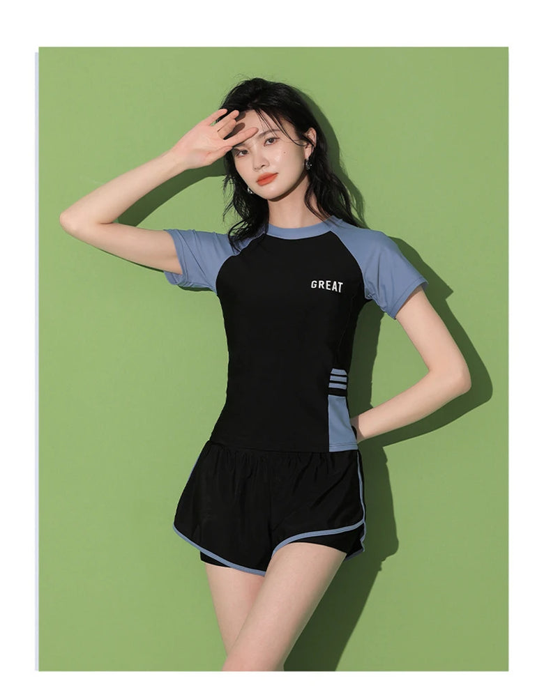 
                  
                    Fashion Women's Swimming Suit Ladies Patchwork Short Sleeve Swimwear 2023 Sports Pool Beachwear Two Piece Swimsuit With Shorts
                  
                