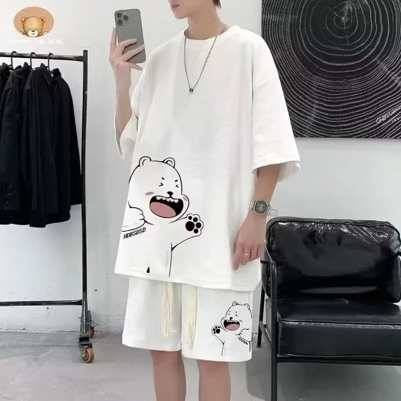 
                  
                    Summer Man Tracksuit Japan Cartoon Streetwear Hip Hop Rock Casual Short Suit Cool Printed waffle T Shirts Shorts 2 Piece Set New
                  
                