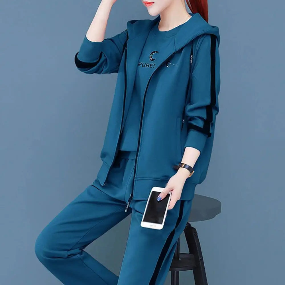 3Pcs Simple Suit Women Sportswear Round Neck Autumn Letter Print Top Vest Pants Zipper Tracksuit Keep Warm