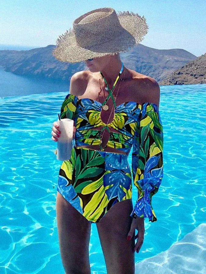 
                  
                    Halter Lace Up One Piece Swimsuit Summer Fashion Printed Swimwear Cover Up Long Sleeves Hollow Out Swimming Suit
                  
                