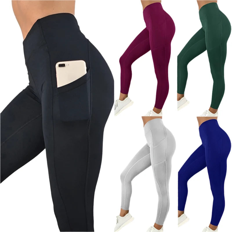 Women Gym Yoga Pants High Waist Lifting Push Up Tight Cycling Yoga Sports Leggings + Phone Pocket Jogging Running Fitness Pant