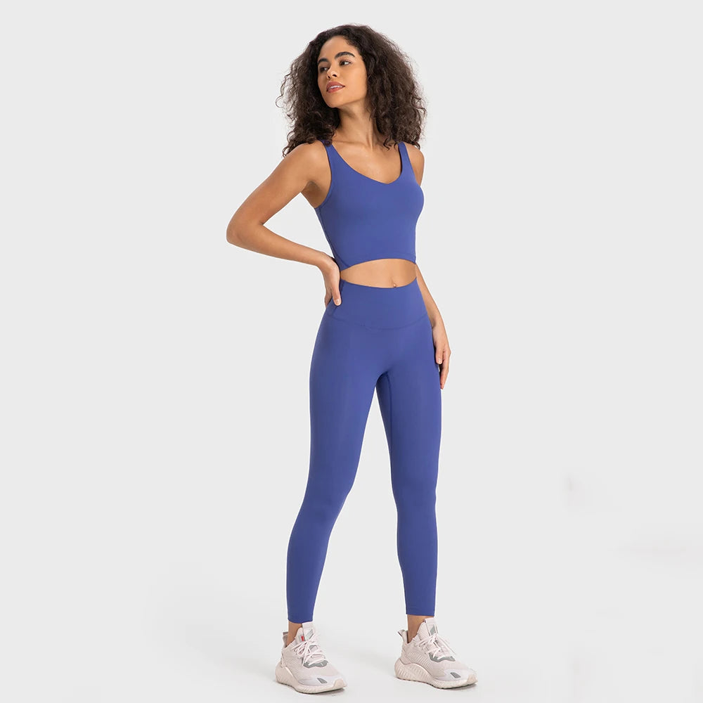 
                  
                    Stretch Nylon Spandex Workout Outfits Women's Tracksuits Gym Clothing 2 Piece Padded Crop Tank Bra High Waist Yoga Leggings Sets
                  
                