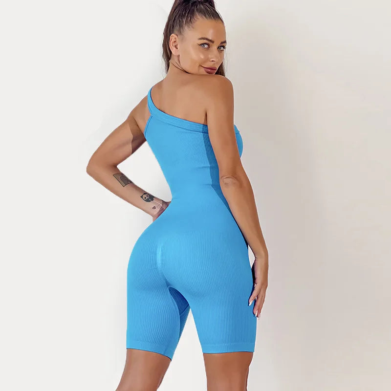 
                  
                    Yoga Set Women One Shoulder Sports Romper Padded Workout Jumpsuits Scrunch Shorts Sportswear
                  
                