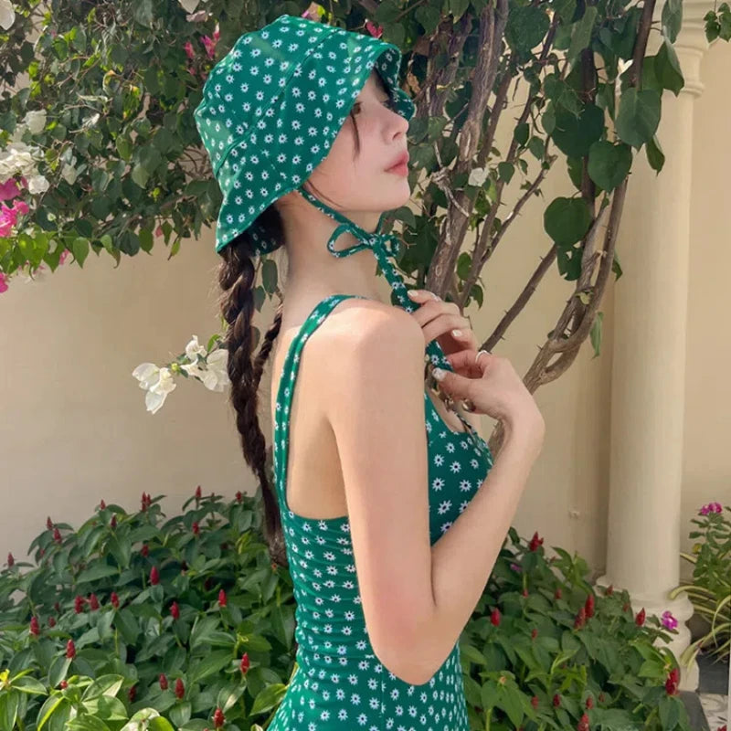 
                  
                    2024 Green One Piece Swimsuit Women Swimwear Sexy Floral Print Dress with Hat Swimming Suit Korean Monokini Beach Bathing Suit
                  
                