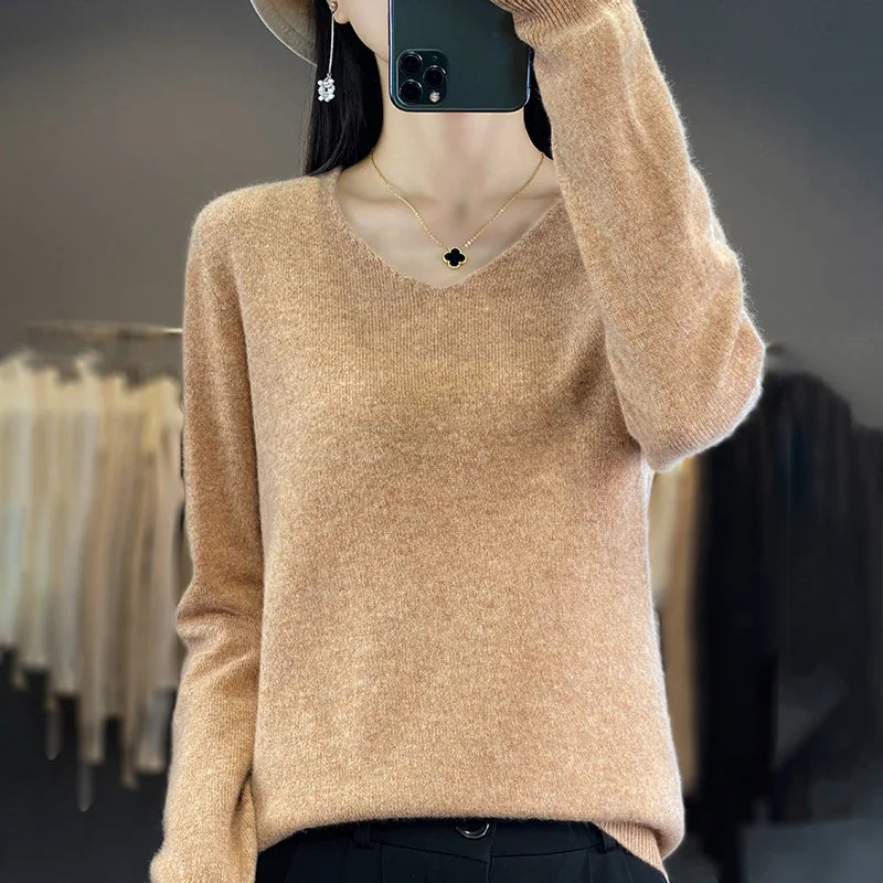 
                  
                    Women 100% Merino Wool Sweater V-Neck Basic Pullover Autumn Winter Cashmere Clothing Long Sleeve Soft Knitwear Tops Solid Color
                  
                