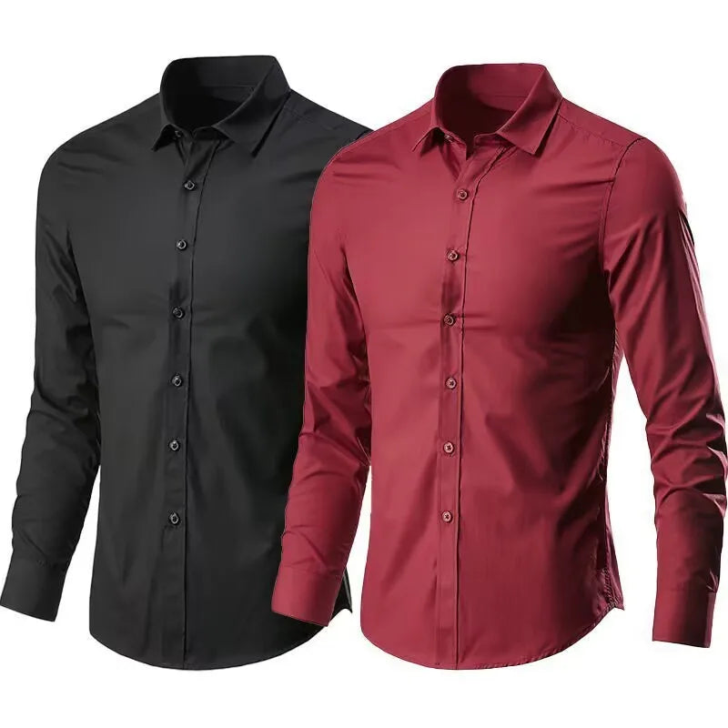 MOUNT Men's Elastic Spring And Autumn New long Sleeve Shirt Anti-wrinkle Free ironing Business...