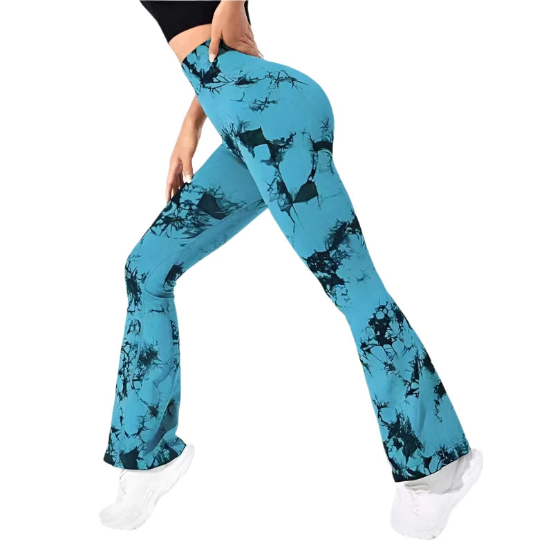 Yoga Trendy Tie Dye Flare Leg Sports Pants Wide Waistband Seamless Leggings Women