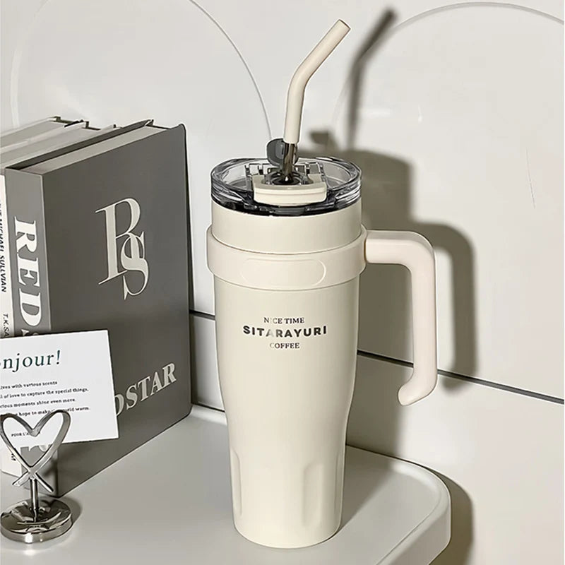 Cute Thermos Stainless Steel Vacuum Insulated Tumbler With Lid Straw Handle for Water Hot Iced Coffee Tea Gym Car Thermal Cup