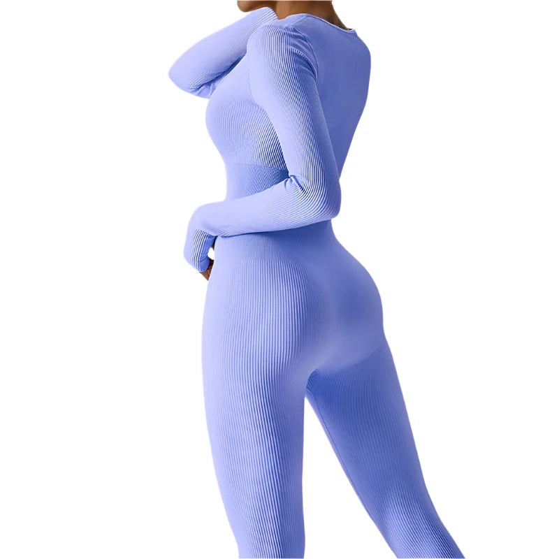 Women Yoga Jumpsuits One Piece Workout Ribbed Long Sleeve Rompers Square Neck Sport Exercise Bodysuits Gym Sportswear