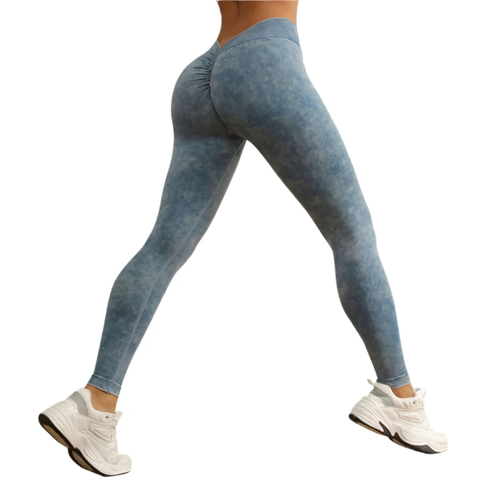 Seamless Sand Washed Denim Sports Leggings Women Stretchy Push Up Running Yoga Pants