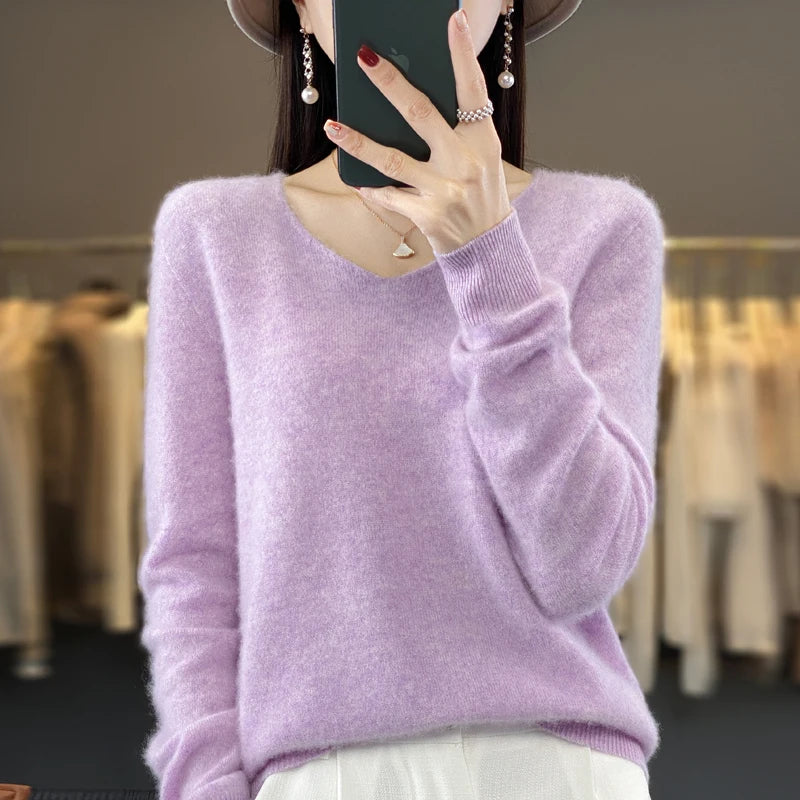 
                  
                    MOUNT New wool women's V-neck pullover sweater with fashionable design, casual knitted long...
                  
                