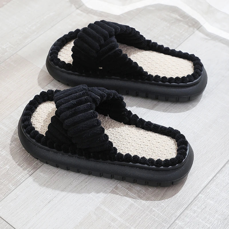 
                  
                    2024 Autumn Winter New Women Home Slippers Open-Toe Cross Band Linen Soled Indoor Slides Linen Soled Non-Slip Bathroom Slippers
                  
                