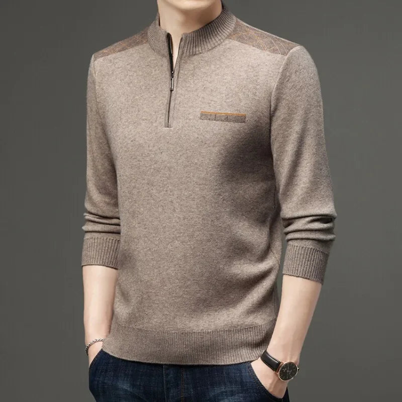 MOUNT fall and winter New Men's Solid Color Half-high Neck Zipper Pullover Knit Sweater Fashion...