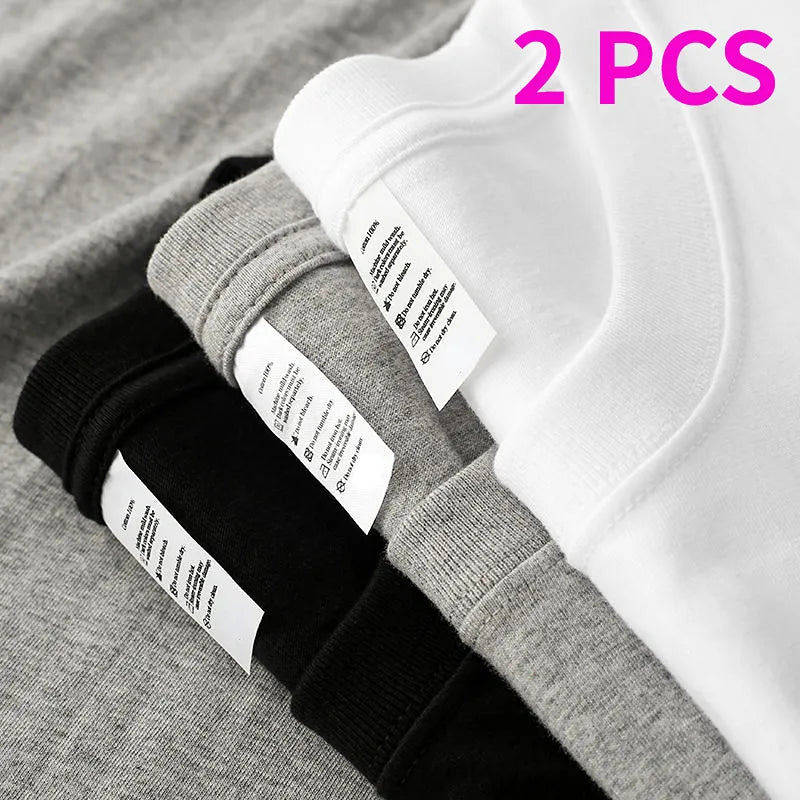 2pcs Solid Color T-shirt 100% Cotton Men Women White O-Neck Loose Short-sleeved Basic Models All-match T-shirt Couple Tops Black