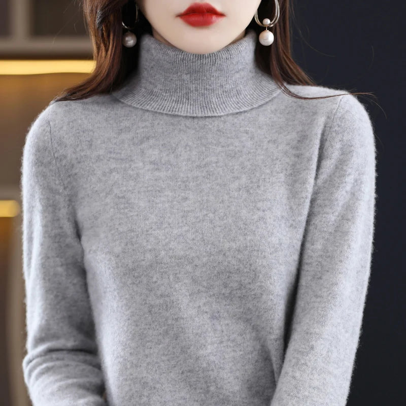 Wool Cashmere Sweater Women's Pullover Long Sleeve Autumn and winter High Turn-Down Collar Knit Sweater High Quality Jumper Top