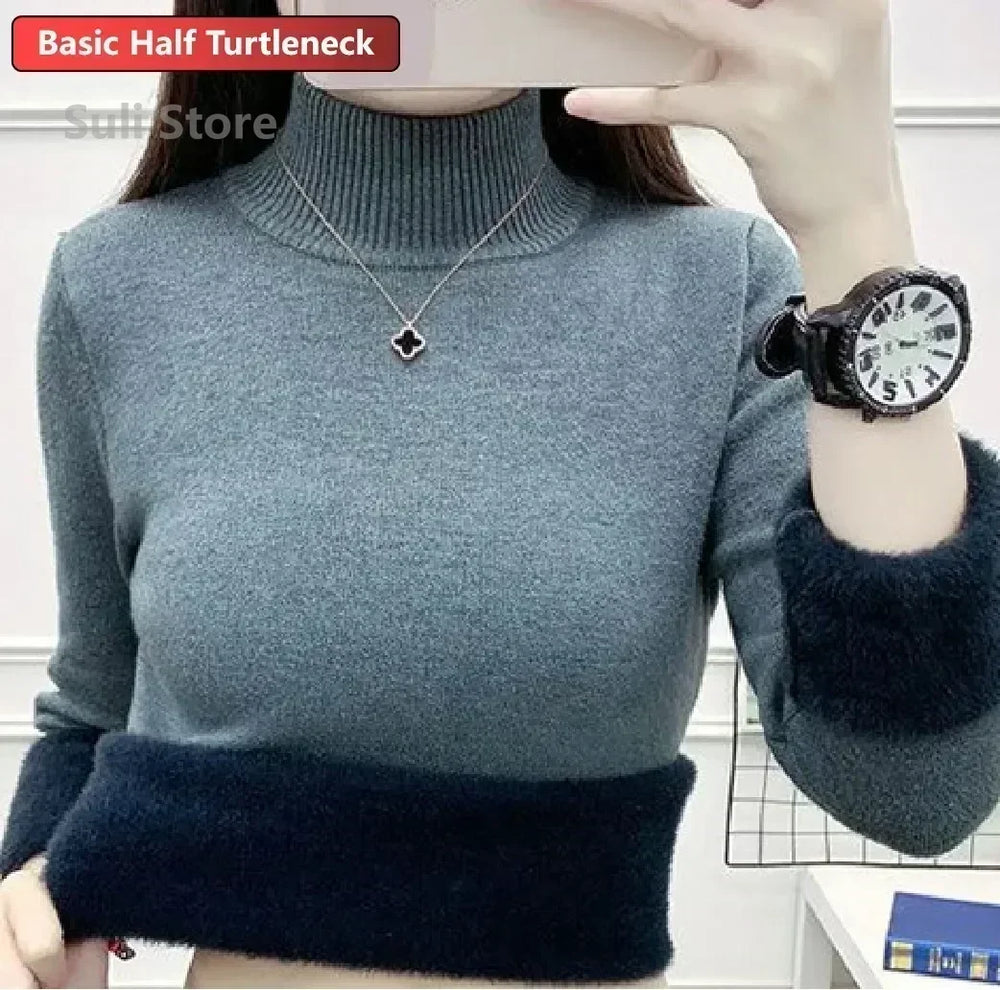 
                  
                    Women's Turtleneck Sweater Winter 2024 Retro Red with Velvet Lining Thickened Inner Wear Thermal Knitting Bottoming Shirt
                  
                