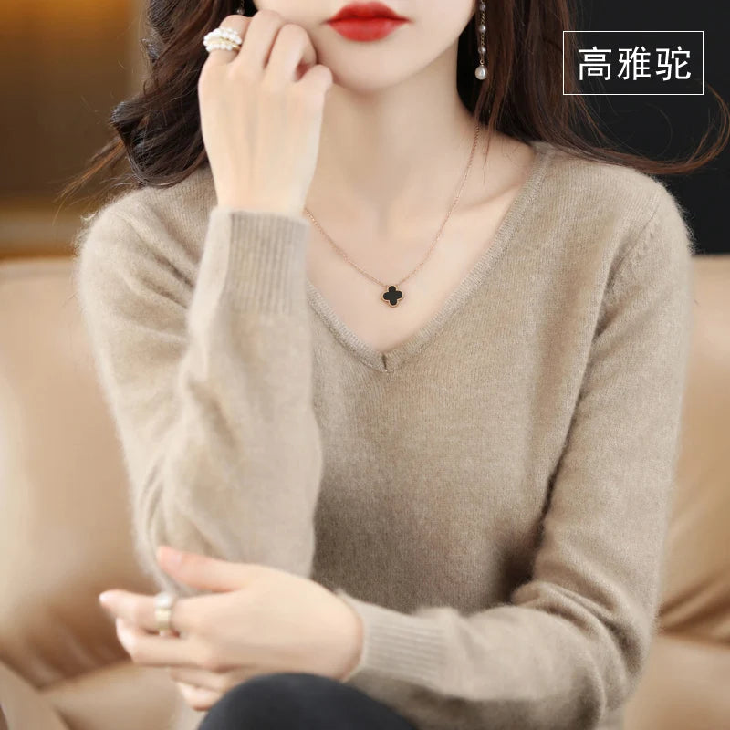 
                  
                    Women's Flat V-neck Mink Cashmere Sweater New Autumn/winter 2023 Knitted Loose Pullover Commuter Basic Knit Top
                  
                