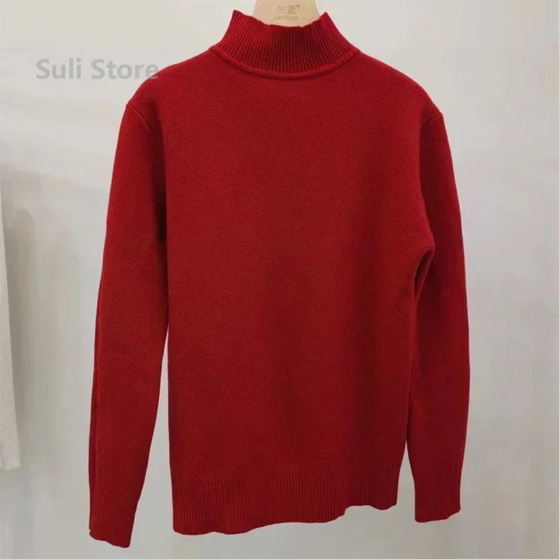 
                  
                    Women's Turtleneck Sweater Winter 2024 Retro Red with Velvet Lining Thickened Inner Wear Thermal Knitting Bottoming Shirt
                  
                