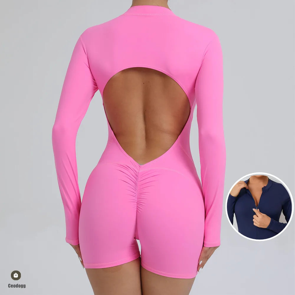 2024 Pad Zipper Long Sleeve Yoga Set Women One Piece Jumpsuit Gym Workout Shorts Fitness Stretch Bodysuit Sports Athletic Suit