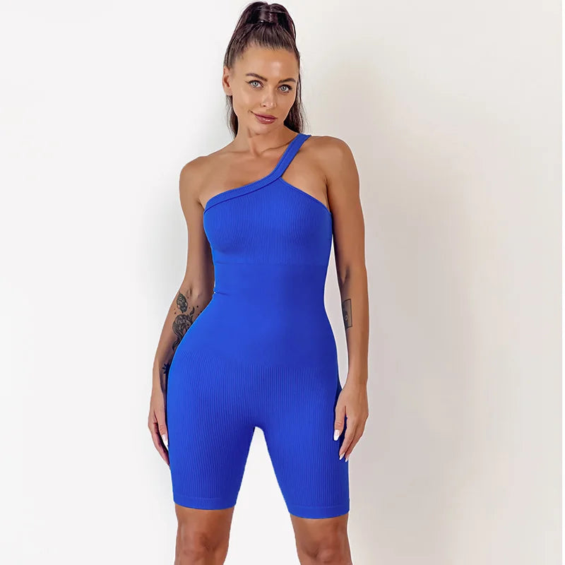 
                  
                    Yoga Set Women One Shoulder Sports Romper Padded Workout Jumpsuits Scrunch Shorts Sportswear
                  
                