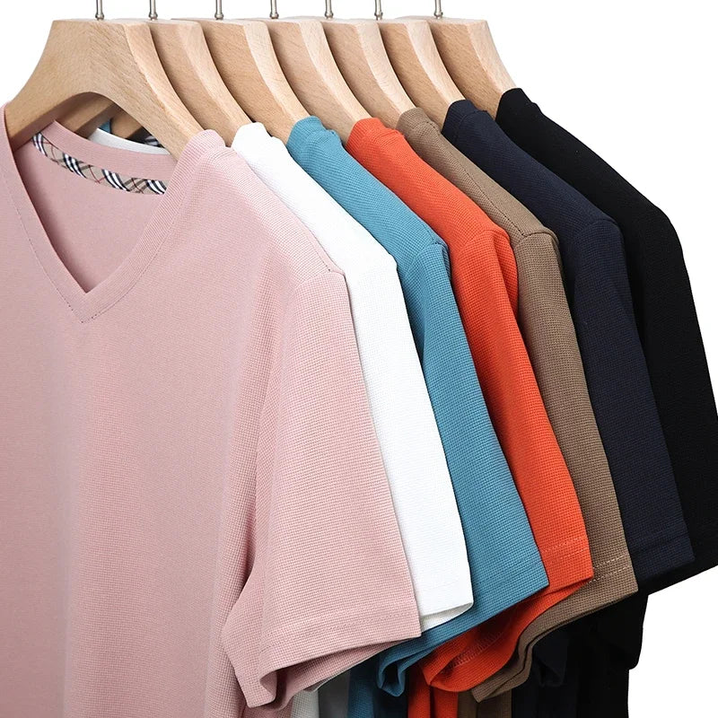 
                  
                    2024 Men's New Waffle V Neck Short Sleeved T-shirt Summer Comfortable Top
                  
                