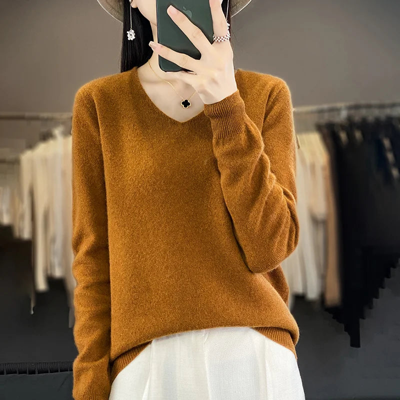 
                  
                    Women 100% Merino Wool Sweater V-Neck Basic Pullover Autumn Winter Cashmere Clothing Long Sleeve Soft Knitwear Tops Solid Color
                  
                