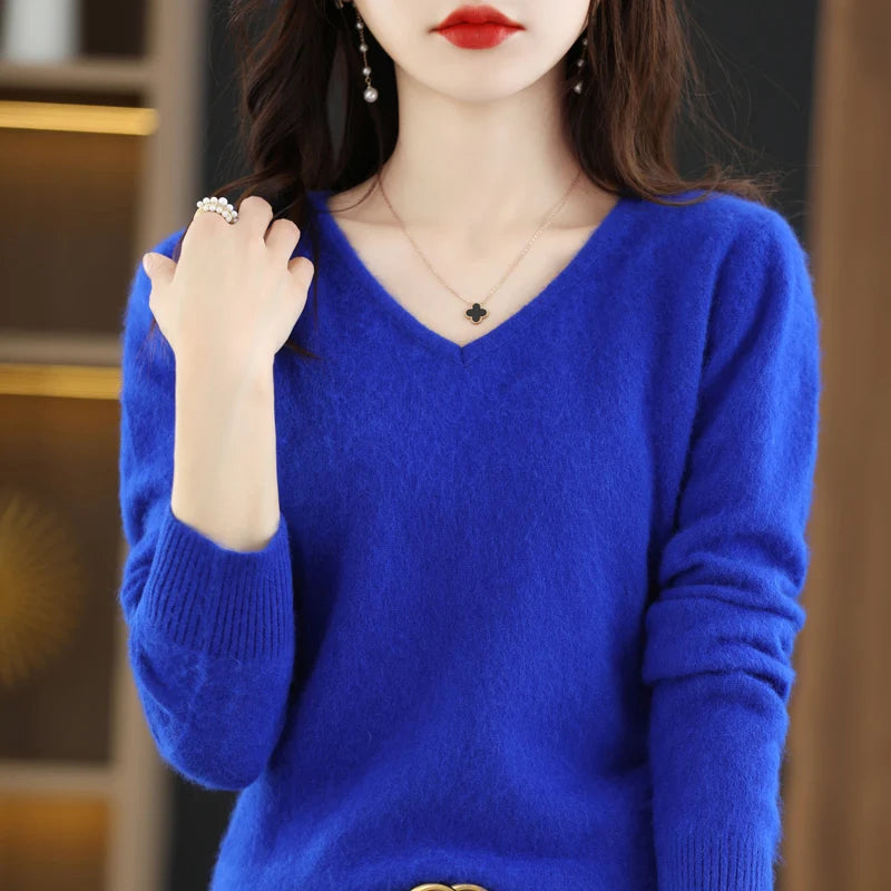 
                  
                    Women's Flat V-neck Mink Cashmere Sweater New Autumn/winter 2023 Knitted Loose Pullover Commuter Basic Knit Top
                  
                