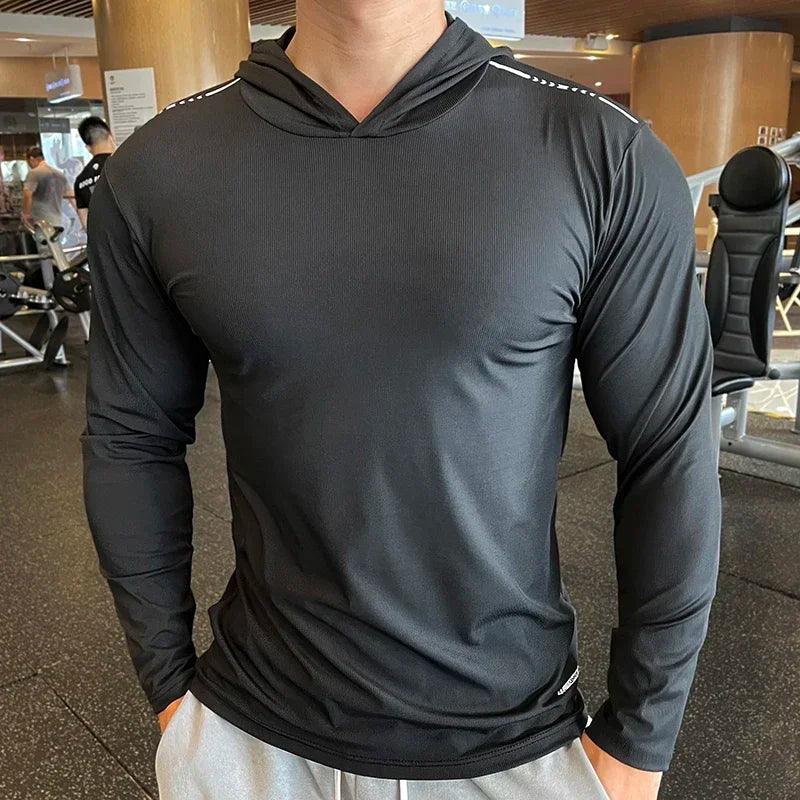 MOUNT Gym Men T Shirt Casual Long Sleeve Slim Tops Tees Elastic T-shirt Sports Fitness Thin...