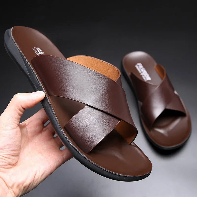 
                  
                    Fashion Men's Sandals Solid Color Open Toe Mens Leather Sandals  New Slippers Beach for Male Leather Footwear Pantuflas
                  
                