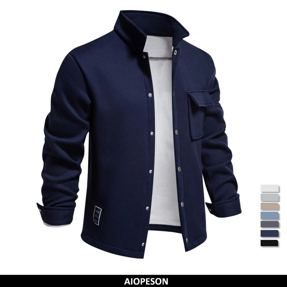 AIOPESON Mens Waffle Fleece Lined Thick Warm Jacket With Pocket Button Up Solid Color Outwear Winter Jackets Coats for Men