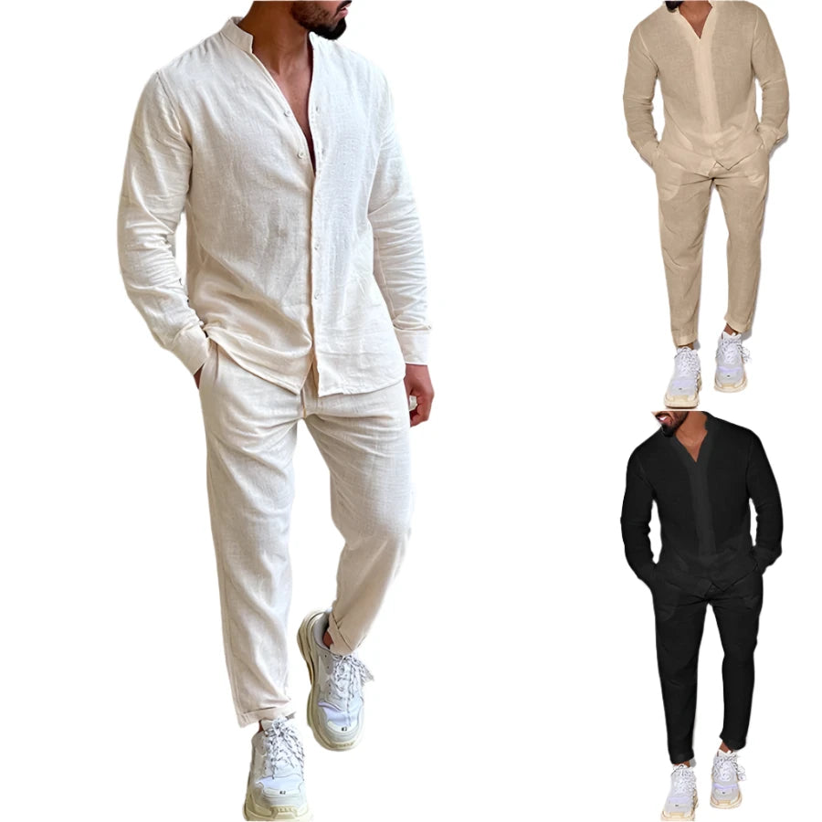 2024 Casual Long Sleeve Shirt and Pants Sets Men Solid Cotton Linen Tops Leisure Tees Trousers Suit Sets Fashion Tracksuit Male