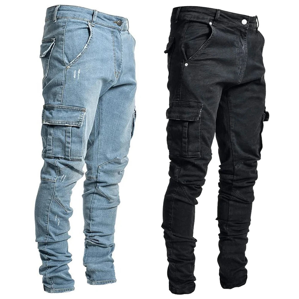 MOUNT Street Elastic Jeans Men Denim Cargo Pants Wash Solid Color Multi Pockets Casual Mid Waist Trousers Slim Fit Daily Wear Joggers