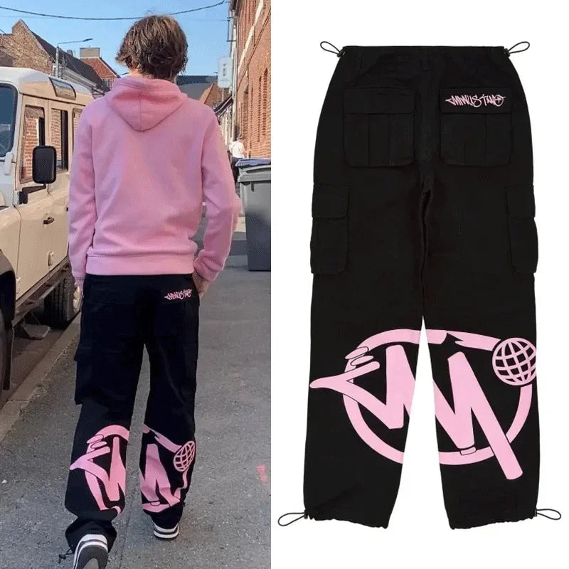 MOUNT Minus Two Pink LOGO Black Cargo Long Pants Y2k Fashion Men Women Clothing Gym Basketball...