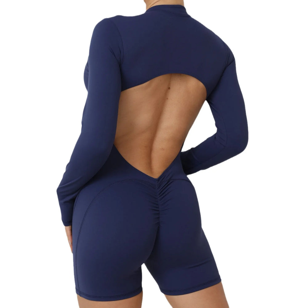 Halter Bodysuits Long Sleeved Jumpsuit Women Sport One Pieces Shorts Set Sexy Fitness Overalls Yoga Workout Sportswear Woman Gym