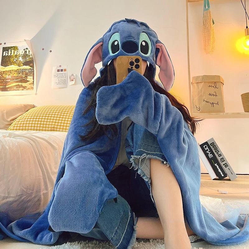 Stitch Hooded Cloak Blanket Cartoon Anime Thickened Big Blanket With Hat Stitch Warm Blanket Student Office Nap Blanket Girl