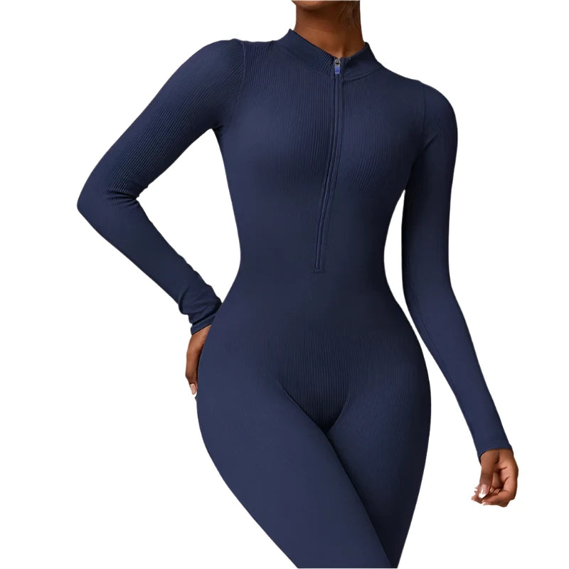 Women's Tracksuit Zipper Front Sports Jumpsuit Long Sleeved One Piece Fitness Workout Bodysuit Casual Yoga Suit