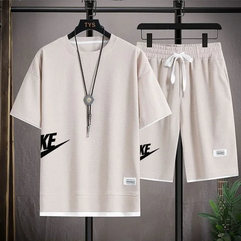 
                  
                    Summer Men's Waffle Sets Casual T-Shirt And Shorts Set Male Sports Suit Solid Color Tracksuit Loose Suits Size 3XL
                  
                