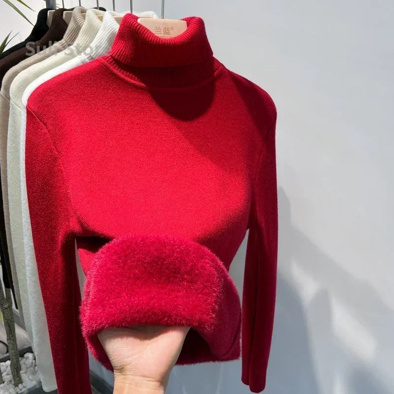 Women's Turtleneck Sweater Winter 2024 Retro Red with Velvet Lining Thickened Inner Wear Thermal Knitting Bottoming Shirt