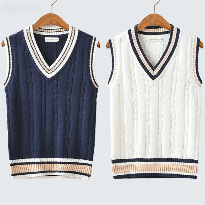 MOUNT Sweater Vest Men Thicken V-neck Sleeveless Knitted Sweaters Vests Striped Retro Preppy-style Simple Chic Loose Casual All-match