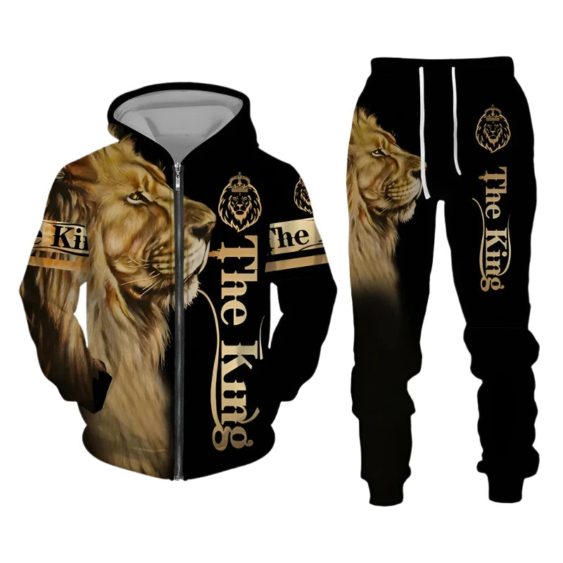 3D The Lion Print Men's Tracksuit Zipper Hoodies Sweatshirts Pants Sets Casual Streetwear Mens Clothing Women's Tracksuit S-6XL