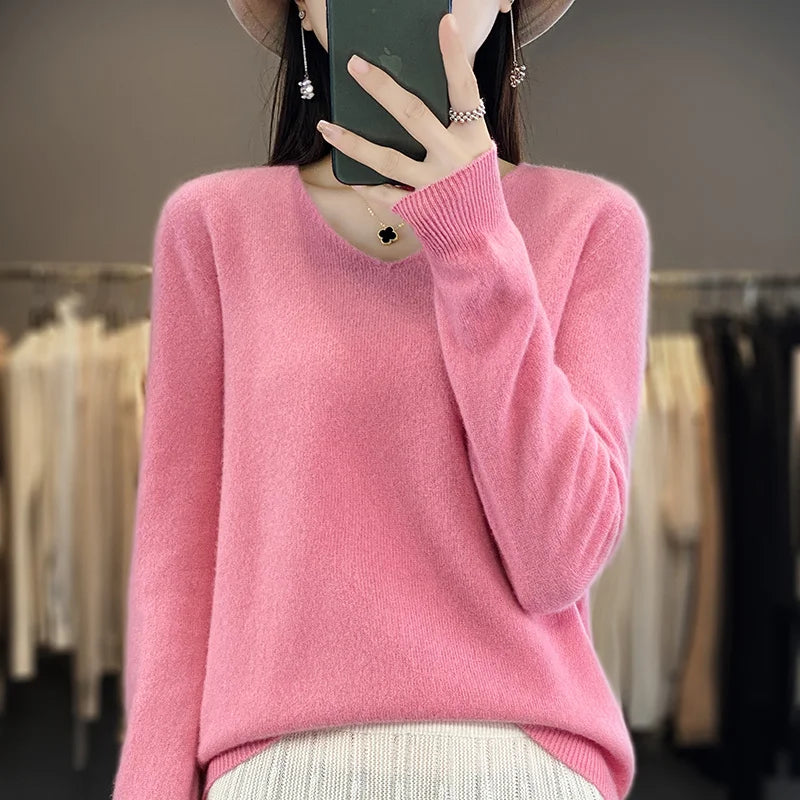 
                  
                    Women 100% Merino Wool Sweater V-Neck Basic Pullover Autumn Winter Cashmere Clothing Long Sleeve Soft Knitwear Tops Solid Color
                  
                