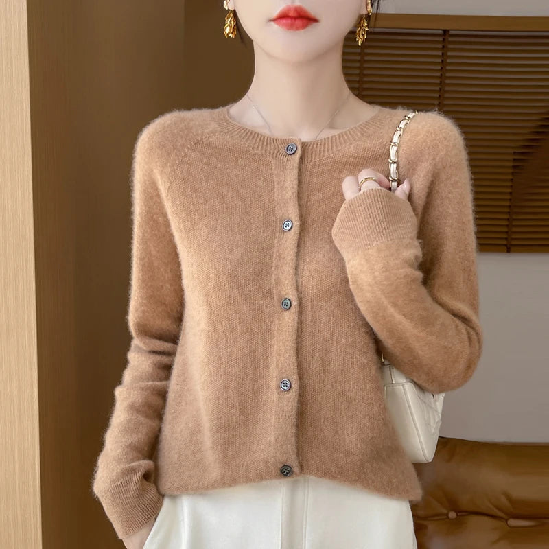 
                  
                    100% Merino Wool Long Sleeve Sweaters Cashmere Cardigan Spring Autumn Women O-Neck Knitwear Tops Clothing Fashion Basic Tops
                  
                