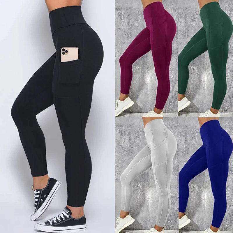 Plus Size Pocket Yoga Pants Women Solid Fitness Sports Leggings High Waist Elastic Gym Tights Female Running Trousers XXXL