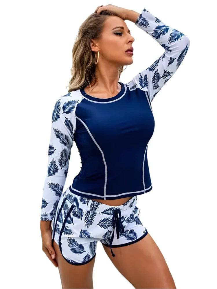 2024 New Tankini Women Swimsuit Tropical Print Bikini Set Long Sleeve Swimwear Summer Shorts Beachwear Female Bathing Suit