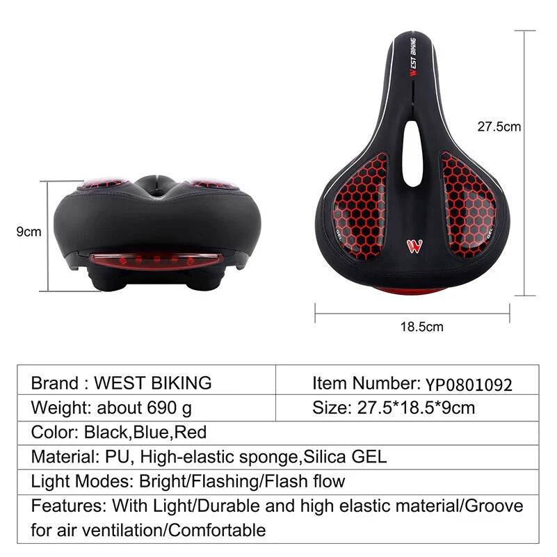 
                  
                    WEST BIKING Bicycle Saddle With Tail Light MTB Wide Cushion Bike Seat Soft Gel Thicken Comfortable Saddle Warning Light 3 Mode
                  
                